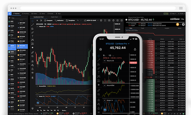 A picture of the Coinigy website and mobile app in use.